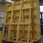 Out of gauge softwood case orientated vertically, complete with transit frame, fitted with dual base system